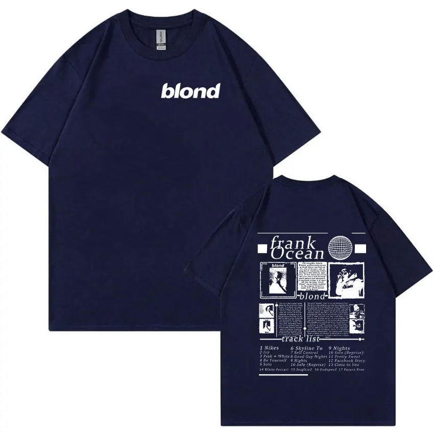 Navy blue short-sleeved t-shirt with white blond logo front and rapper frank music album track list back for hip hop retro style