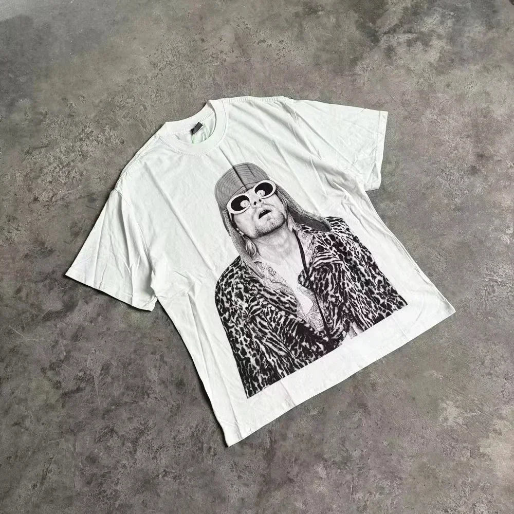 White cotton rapper frank retro oversized t-shirt with black and white kurt cobain graphic for hip hop ocean blond fashion