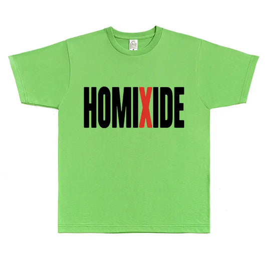 A vibrant lime green cotton rapper homixide gang t-shirt with bold black and red homixide graphic for hip hop fans