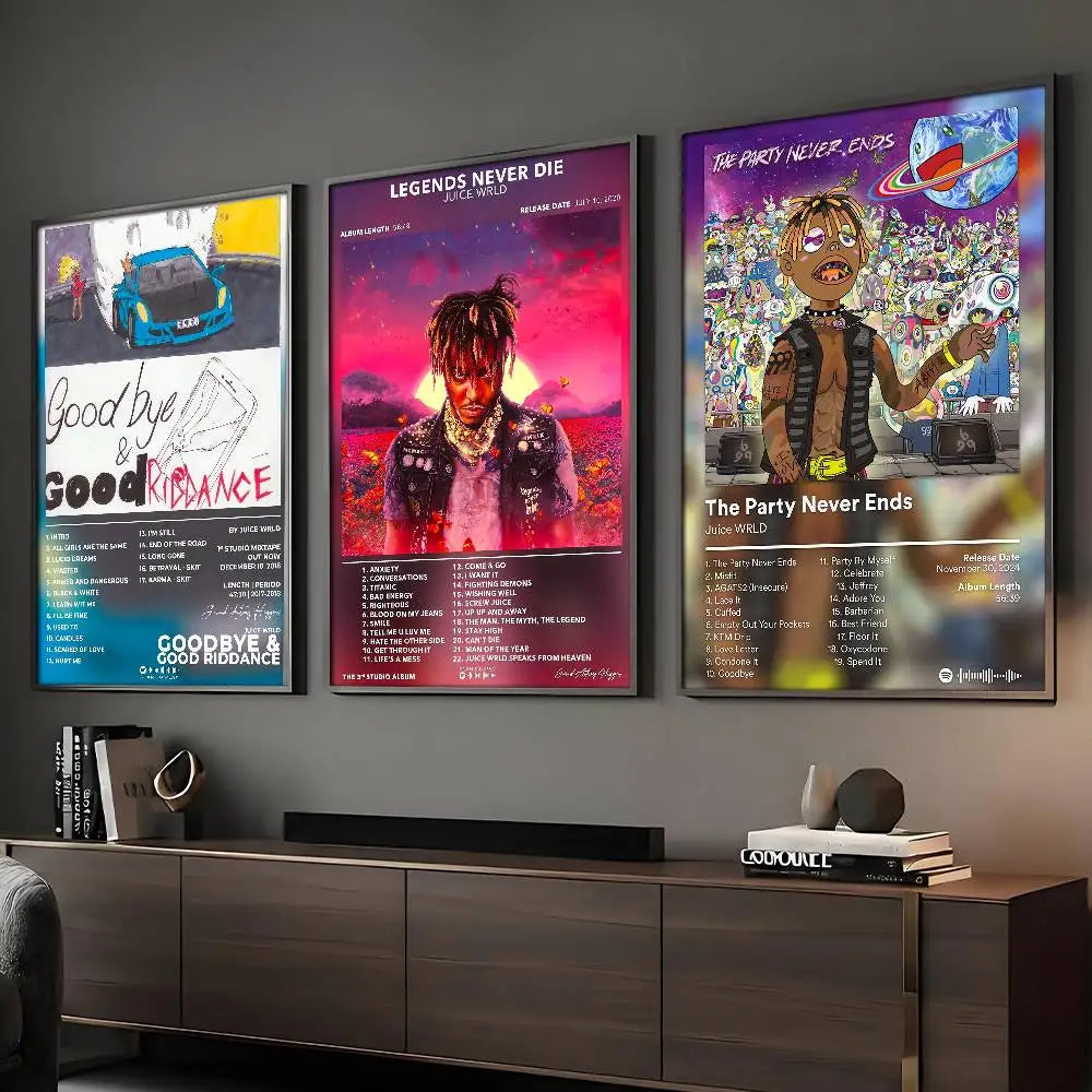 Three framed rapper j-juice wrld posters featuring album art for goodbye & good riddance legends never die and the party never ends