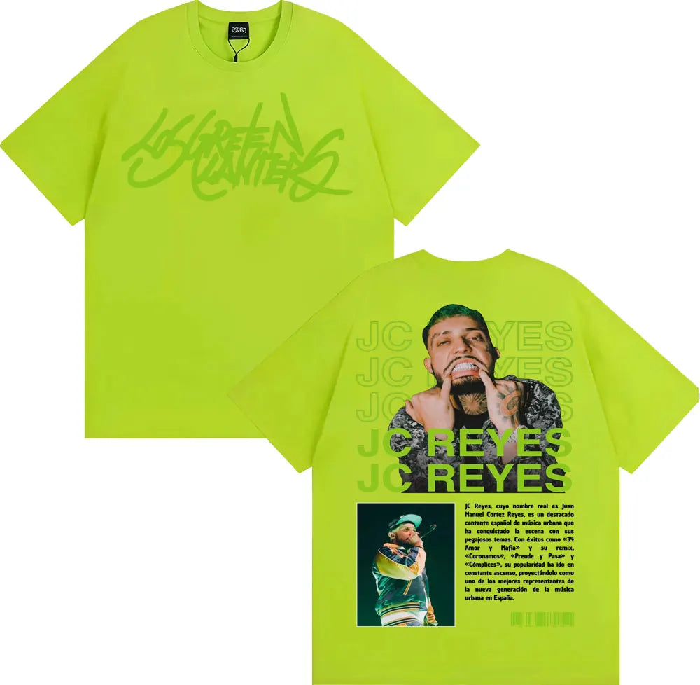 Bright neon green cotton oversized t-shirt featuring rapper jc reyes graphic and stylized lettering for reyes album tour hip hop retro style