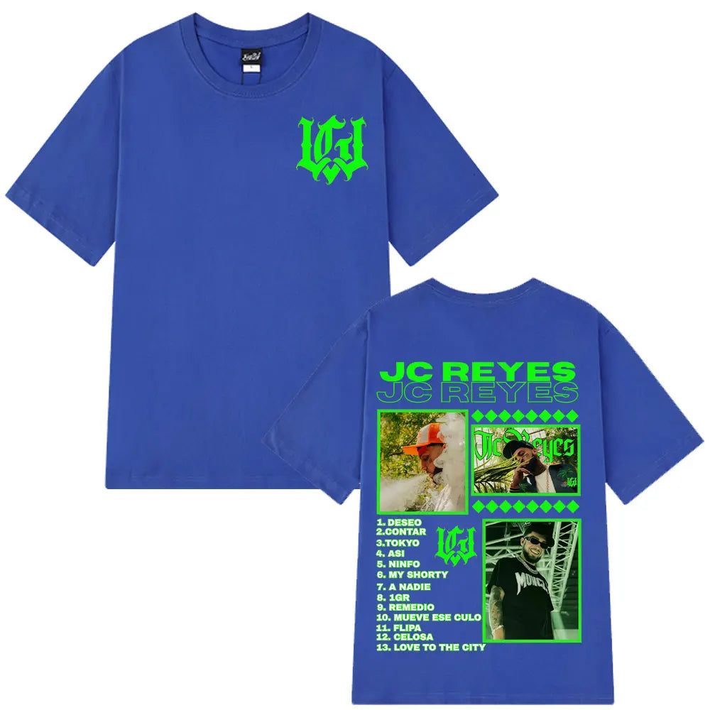 Blue short-sleeved cotton t-shirt with vibrant green rapper jc reyes graphic design for hip hop harajuku fashion