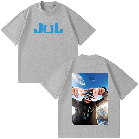 Gray cotton crewneck t-shirt with bold blue jul logo on front and full-color graphic of person with sunglasses on back