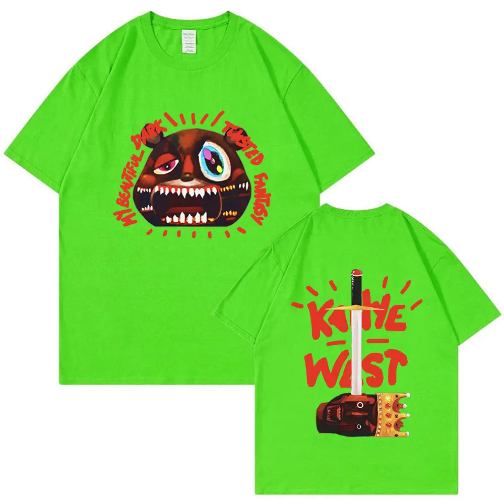 Bright green rapper kanye west short-sleeved vintage tee shirt with cartoon monster print and graduation album graphic design