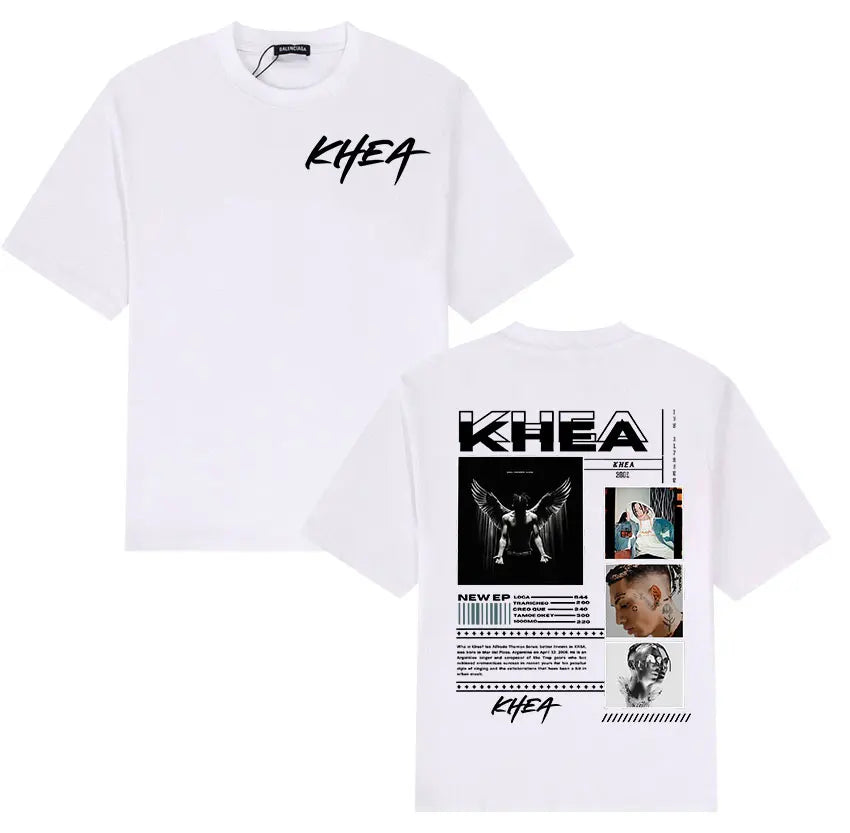 White khea cotton oversized t-shirt with black graphic prints and barcode design front and back for hip hop streetwear