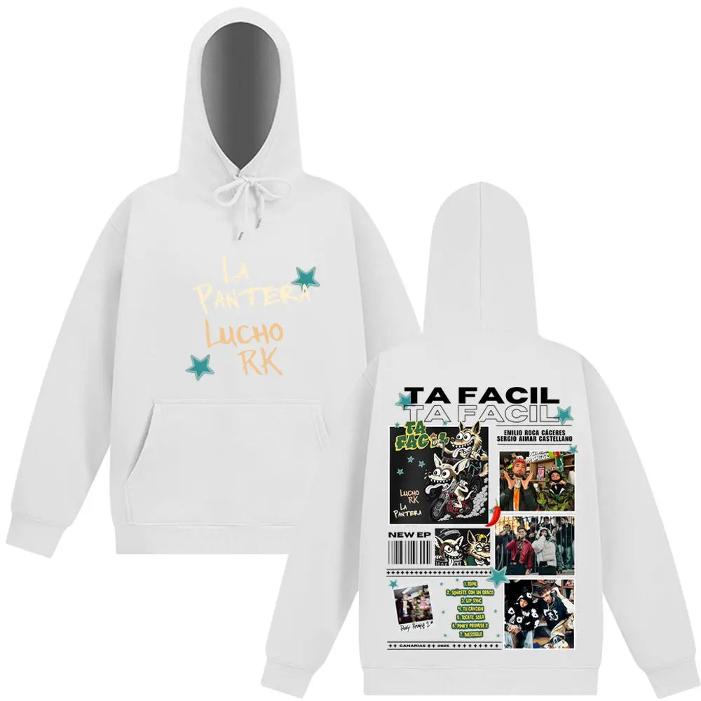 White hoodie with la pantera lucho rk front graphic and back collage for ta facil album 2025 tour fashion print