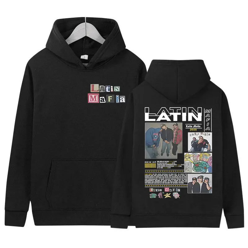 Black hoodie with colorful rapper latin mafia graphic design featuring y2k hip hop oversized style fleece material