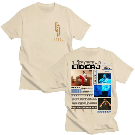 Cream-colored cotton rapper liderj album tour 2025 t-shirt with gold logo front and detailed back graphic print