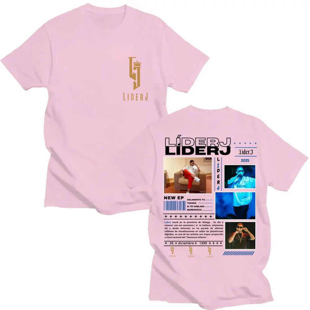 Pink cotton oversized rapper liderj album tour 2025 t-shirt for men and women with gold logo front and detailed back print