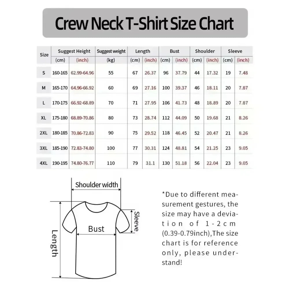 Crew neck t-shirt size chart in cm and inches for rapper Lil Peep crybaby music album men fashion hip hop cotton tee