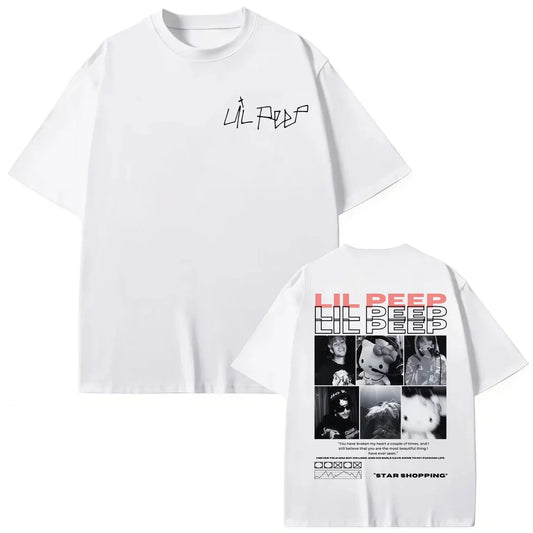 White oversized cotton shirt featuring rapper lil peep minimalist front and hellboy crybaby hip graphic back print