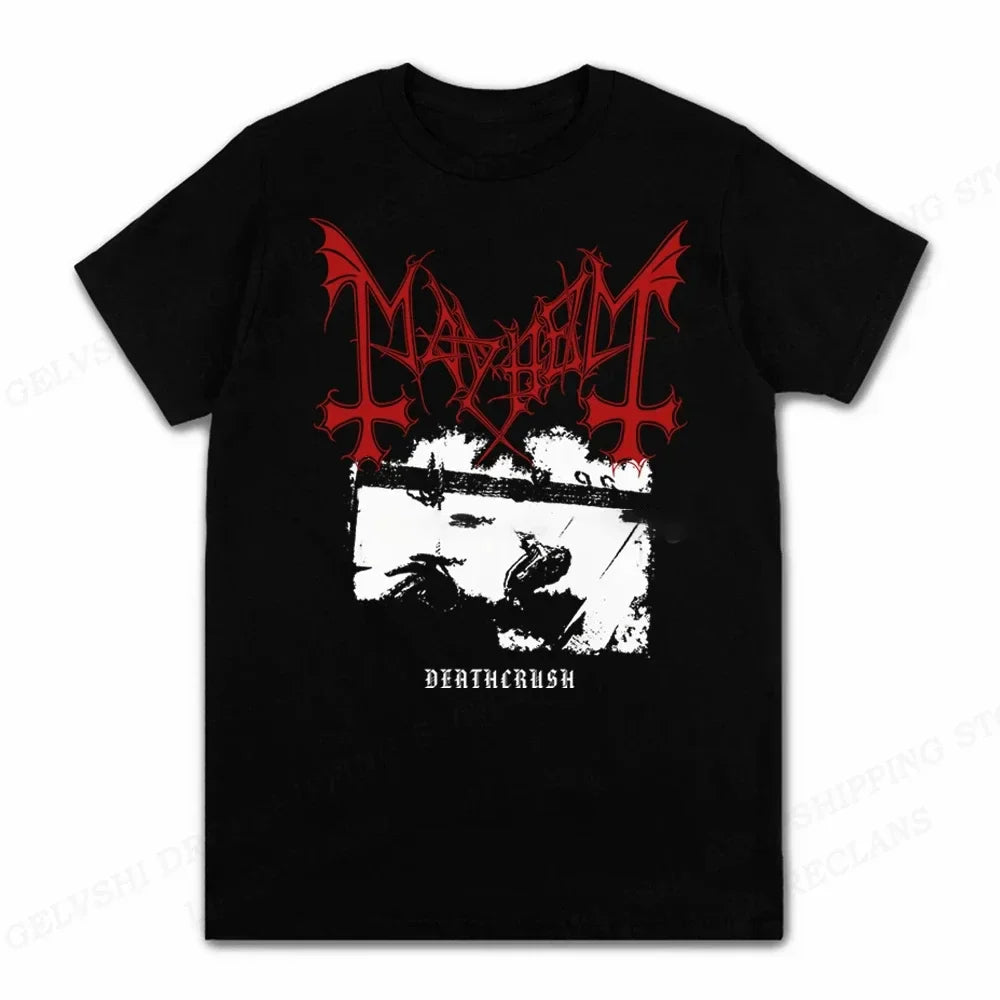 Black cotton short-sleeved rapper mayhem death tshirt featuring red and white graphic kids hip hop anime rock design