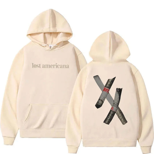 Cream-colored rapper mgk lost americana tour hoodie with front print and back crossed cigars graphic sleeve oversized y2k vintage hip hop