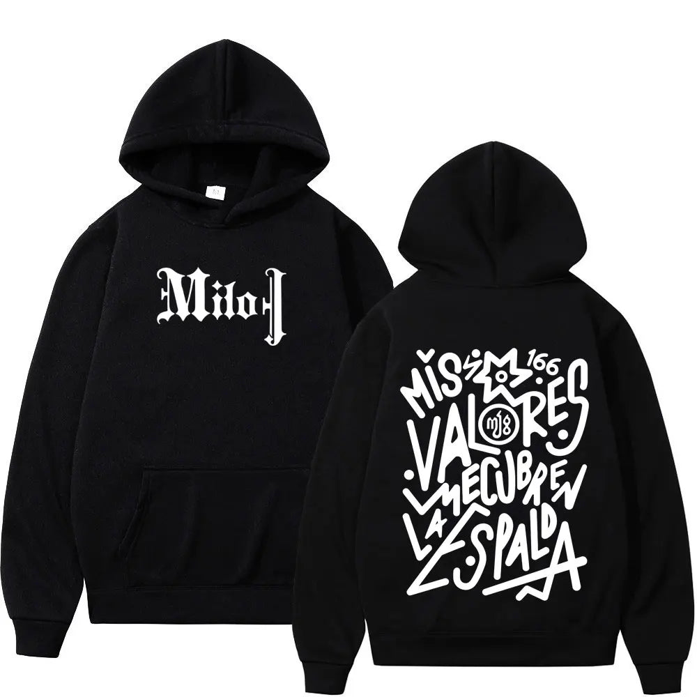 Black milo j fashion graphic hoodie with white graffiti lettering and kangaroo pocket oversized gothic punk style