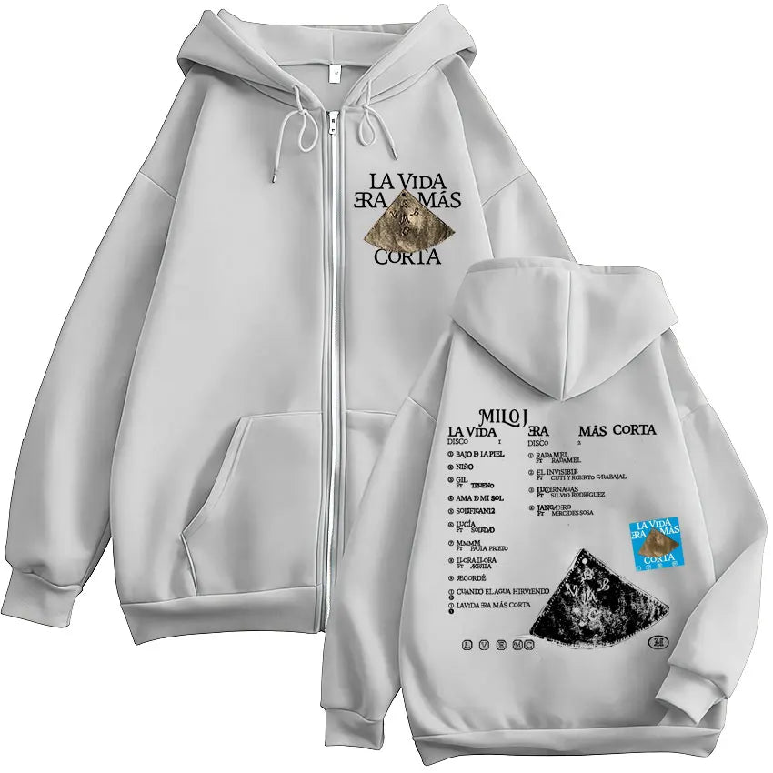 White zip-up hoodie with vida era mas graphic print in black and gold suitable for fashion hip hop and album zipper hoodies