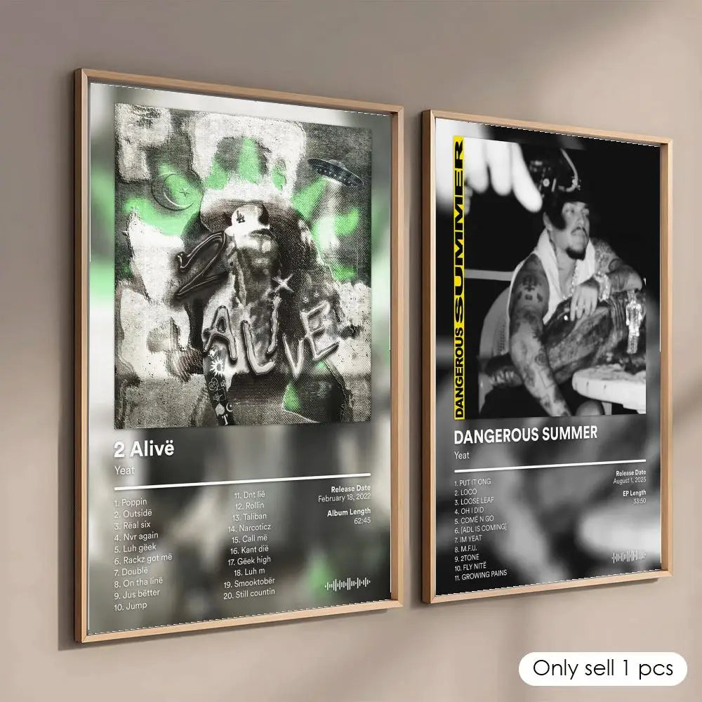 Two framed poster decorative wall art stickers mural photo prints featuring rapper music albums in wooden frames
