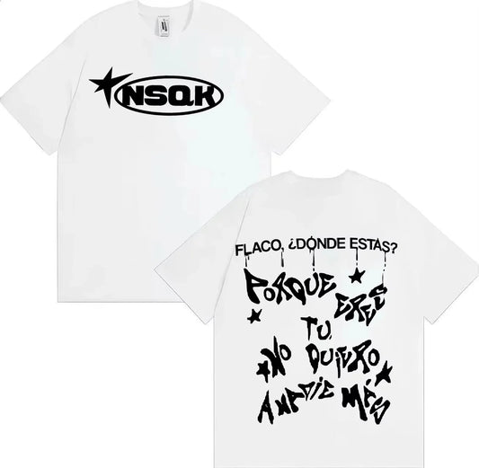 White nsqk t-shirt with black star and oval logo front and bold graffiti style spanish text on back casual hip hop tee