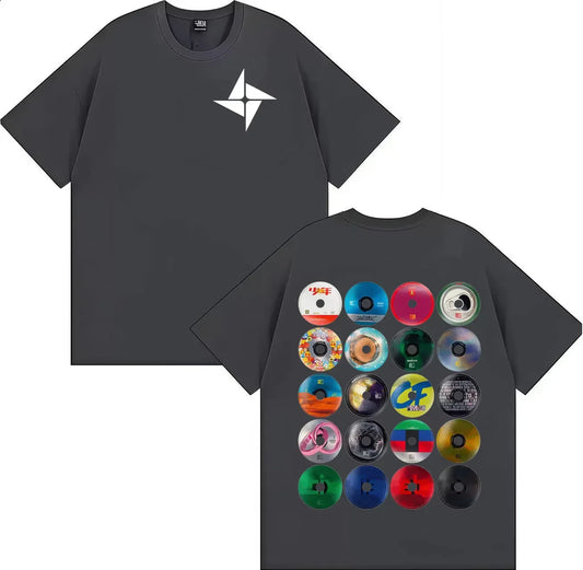Dark gray oversized pure cotton rappe orelsan aesthetic hip hop t shirt with white star front and colorful vinyl back view