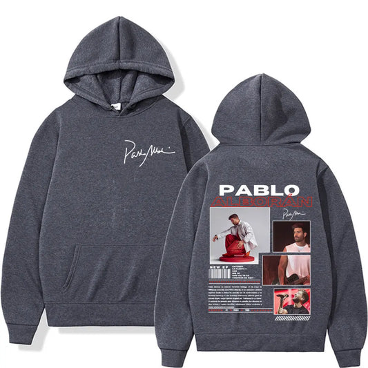 Dark gray hip hop oversized tour hoodie men women gothic vintage featuring white signature front and pablo alborán back print
