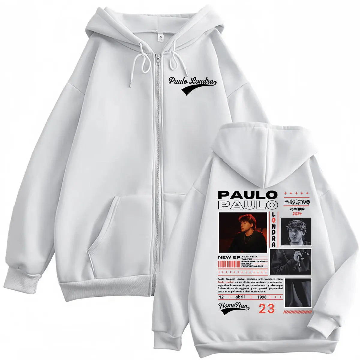 White zip-up hoodie with black and red graphic print of rapper paulo londra for paulo londra homerun merch hoodie harajuku