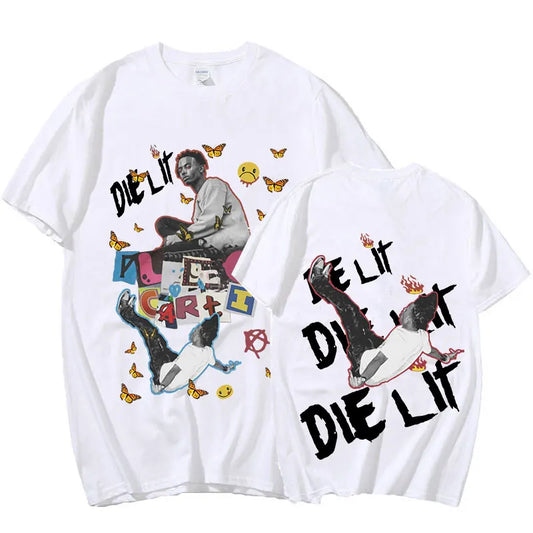 White cotton rapper playboi carti t-shirt with vibrant graphic music album die lit print featuring butterflies and smiley faces