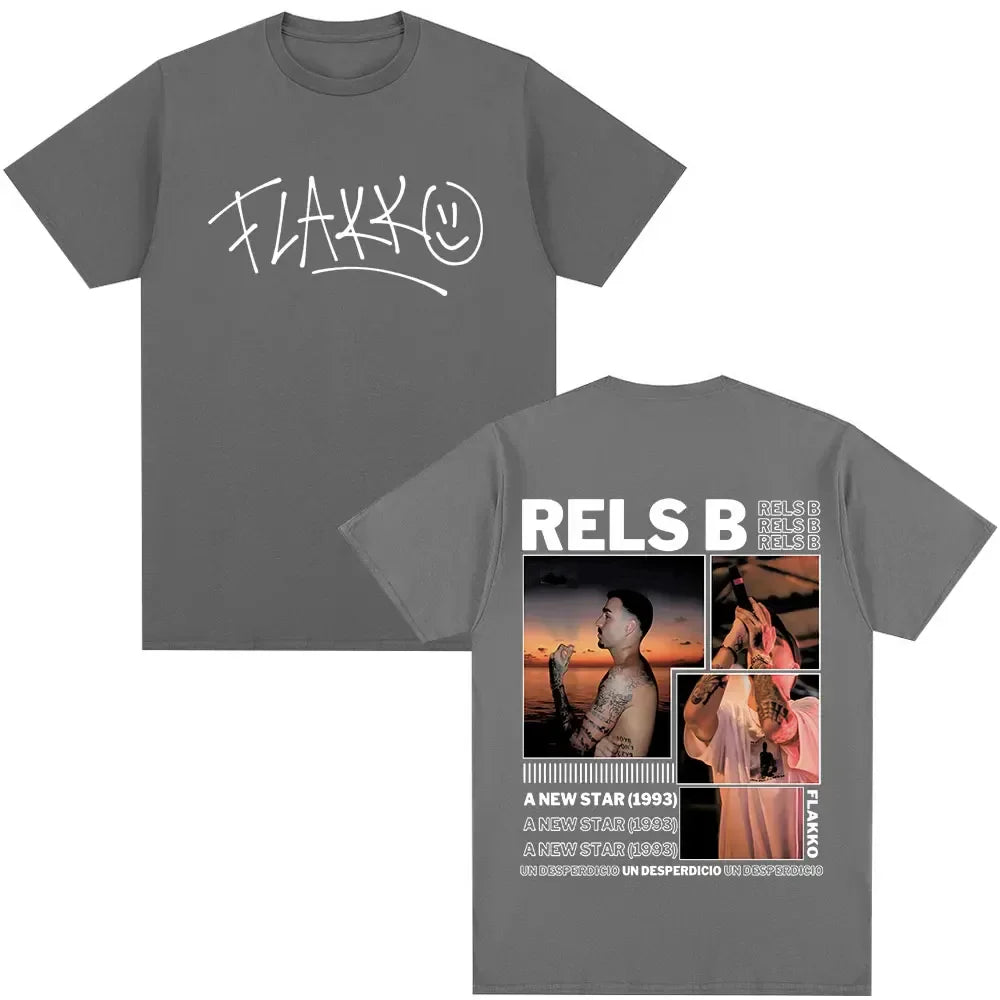 Gray t-shirt with white flakk signature front and graphic back featuring rels b branding star album merch hip hop tshirts