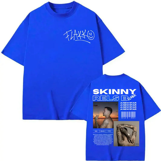 Bright blue cotton short sleeve t-shirt with white skinny felts graphic designs front and back for hip hop fashion