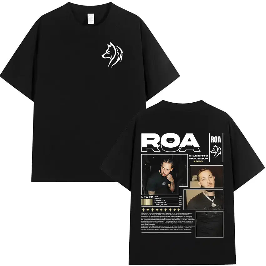 Black short-sleeved shirt hipster mens with white wolf head and rapper roa gilberto detailed summer hip hop back print
