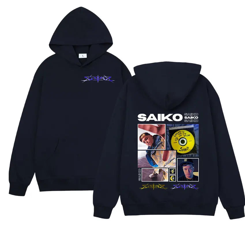Black hoodie featuring vintage oversized sweatshirt style with rapper saiko tour graphic and gothic punk hooded design