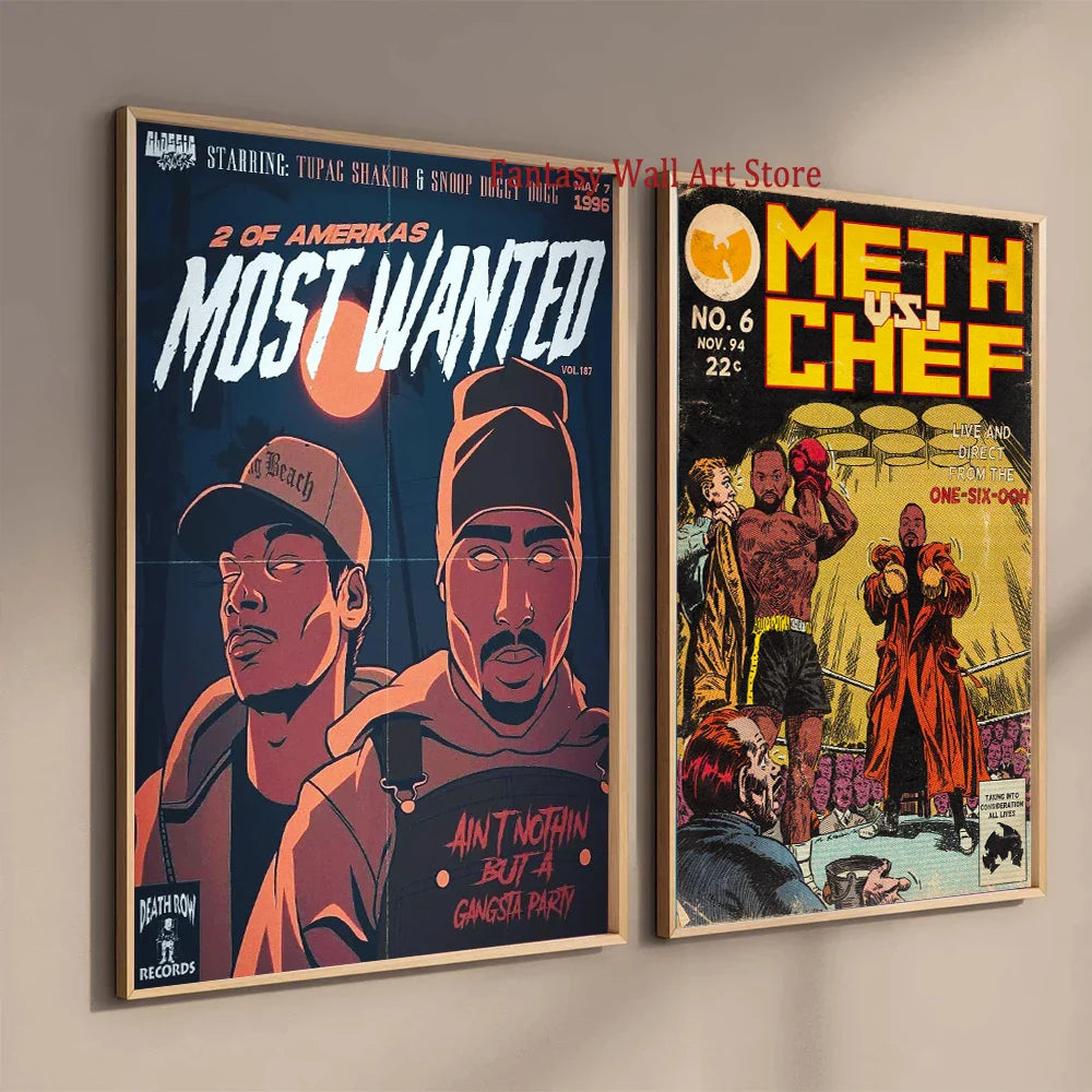 Two framed vintage-style comic book posters featuring tupac shakur and eminem on dark blue canvas for music fan decor with order protection time