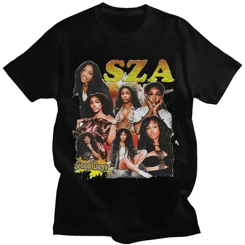 Black cotton t-shirt featuring vibrant sza graphic and text good days for casual vintage punk hip hop fashion