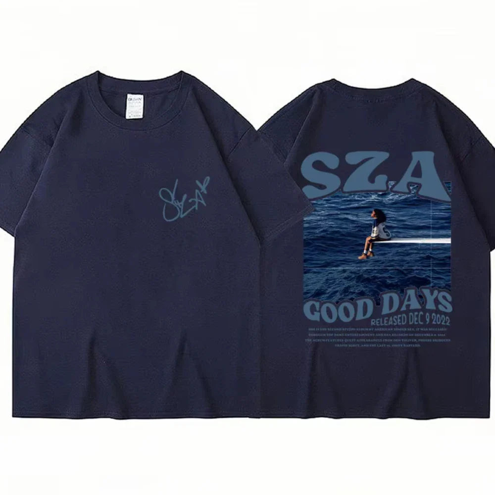 Dark navy blue cotton oversized t-shirt with sza graphic print on back and good days text for casual streetwear