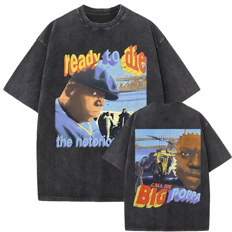 Black oversized biggie smalls tshirt with vintage washed graphics of biggie smalls front and big poppa hip hop tees