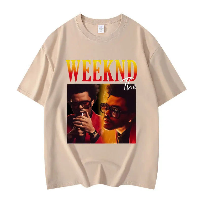 Beige short-sleeved rapper The Weeknd graphic t shirt with bold gradient lettering made of high quality cotton for clothing hip hop