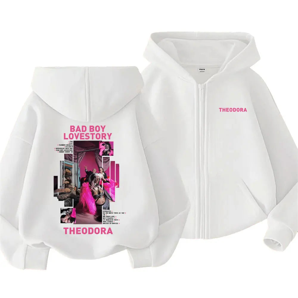 White zipper hoodie men featuring vibrant pink bad boy lovestory album art and rapper theodora name on front and back