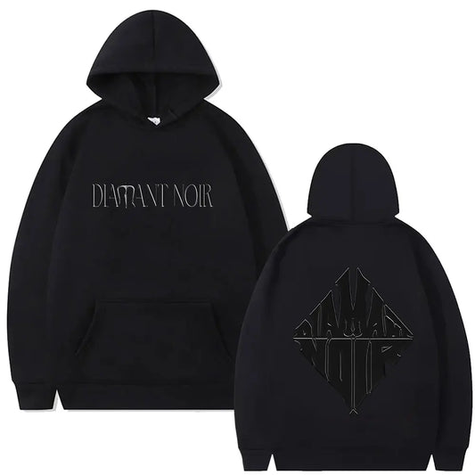 Black hoodie featuring diamant noir graphic silver foil text front and geometric logo back for hip hop fashion