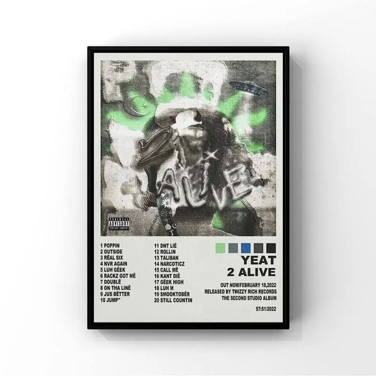 Black-framed rapper y-yeat poster featuring gritty grayscale graffiti design with vibrant green accents for prints fashion wall decor