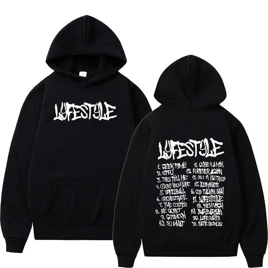 Black oversized sweatshirt y2k rapper yeat lyfestyle album print hoodie with white graffiti text front and tracklist on back