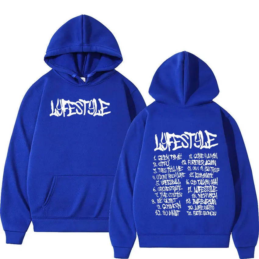 Royal blue rapper yeat lyfestyle album print hoodie with white graffiti print and song titles on back oversized sweatshirt y2k