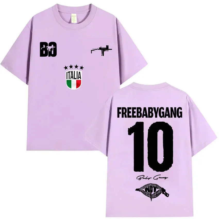 Lavender short-sleeved oversized t shirt with black graphic prints, rappeur baby gang clothing hip hop tour merch design