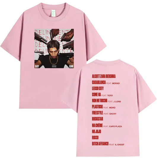 Pink cotton rappeur baby gang t-shirt with hip hop gothic graphic print and delinquent text streetwear fashion pop music tee