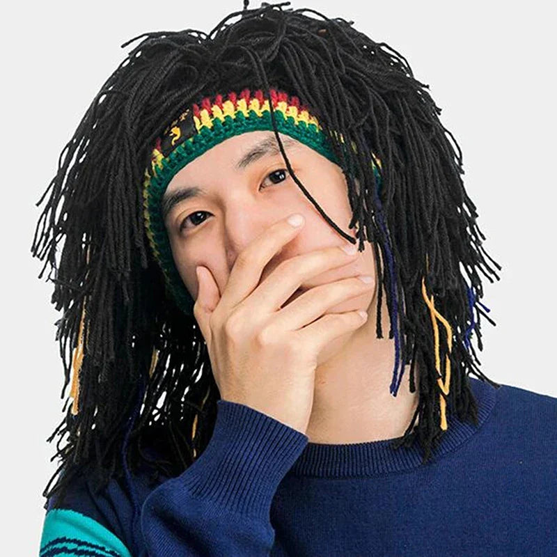 Black knitted dreadlock rasta wig beanie with colorful red yellow green striped band hip hop cap handmade crochet