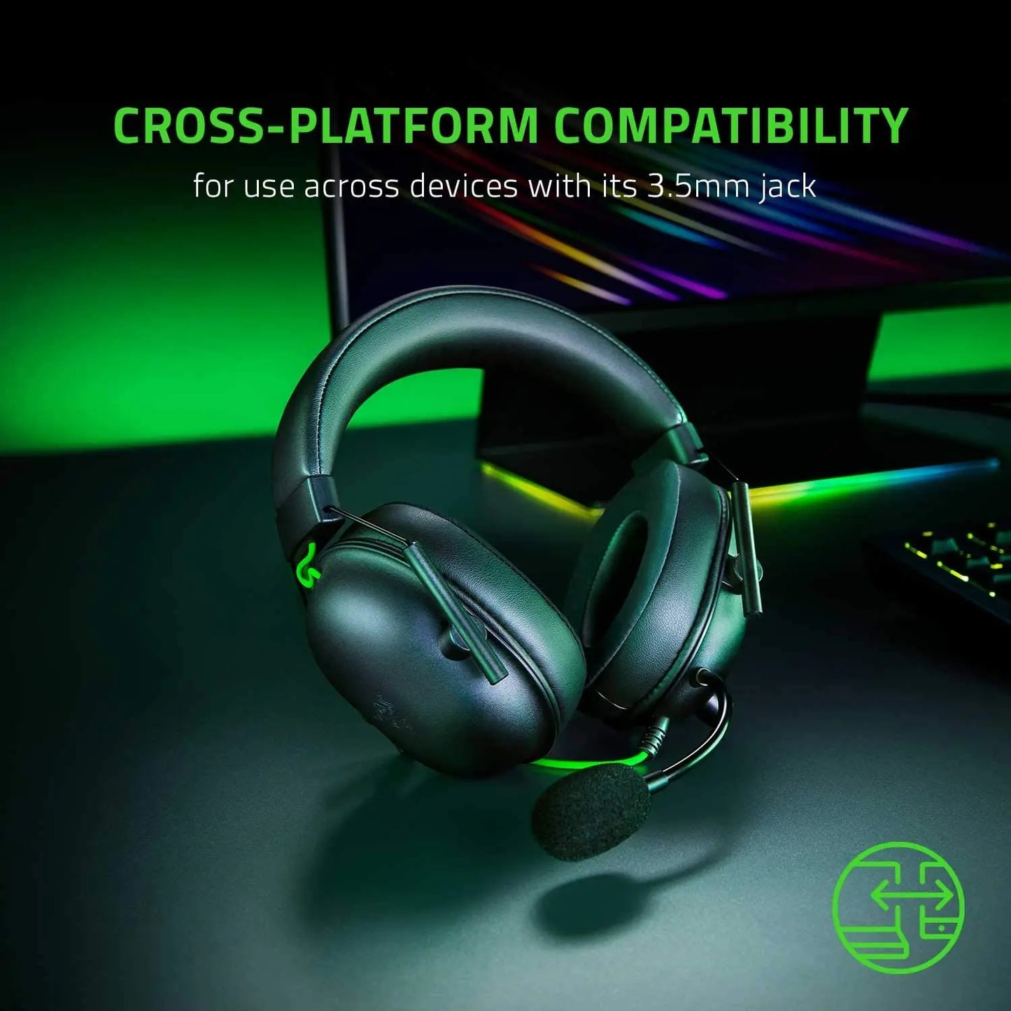 Black razer BlackShark V2 x wired gaming headphone with green accent lighting and detachable mic for ps4 ps5 nintendo gaming