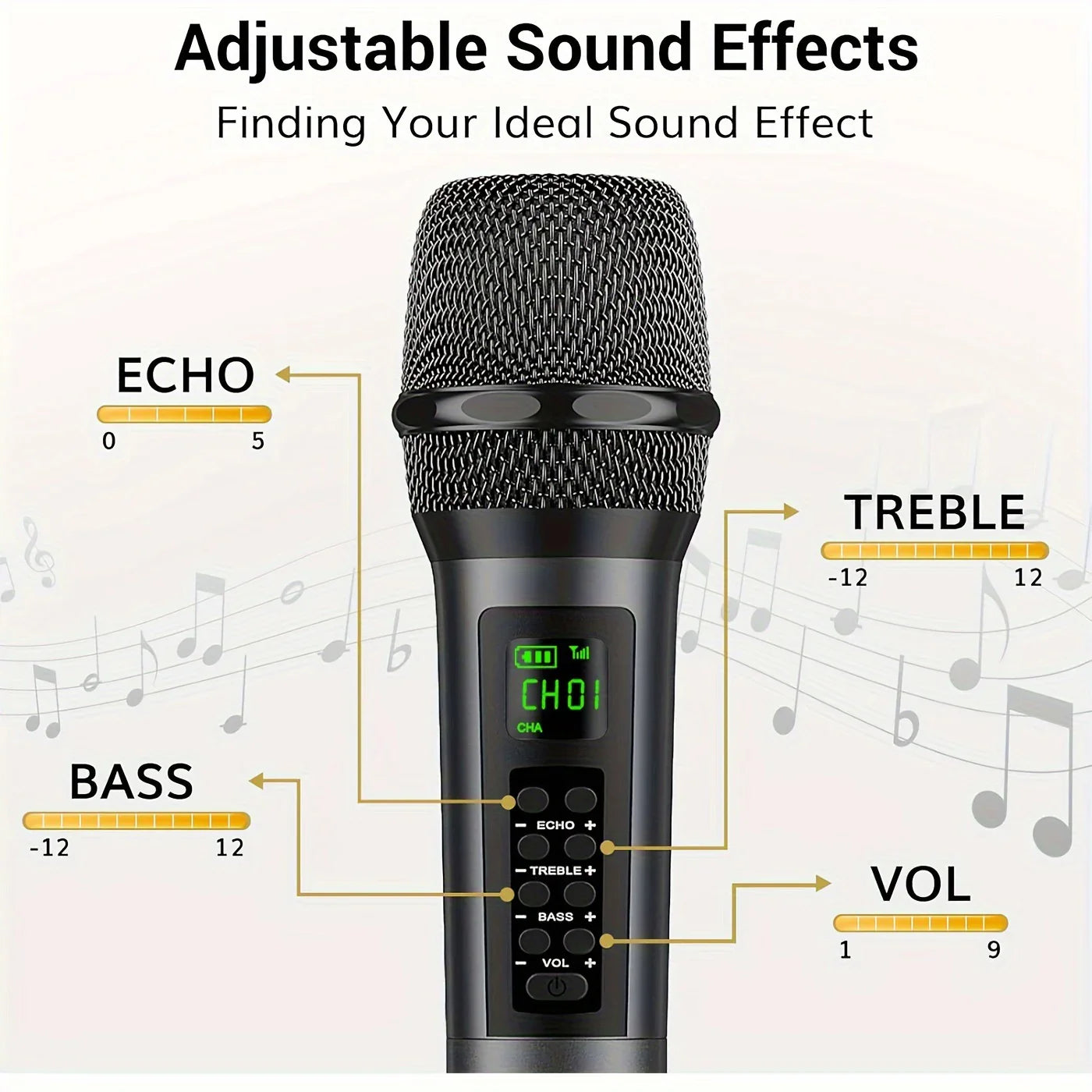 Black rechargeable handheld wireless microphone with mesh grille, digital display, and echo treble bass volume control for karaoke