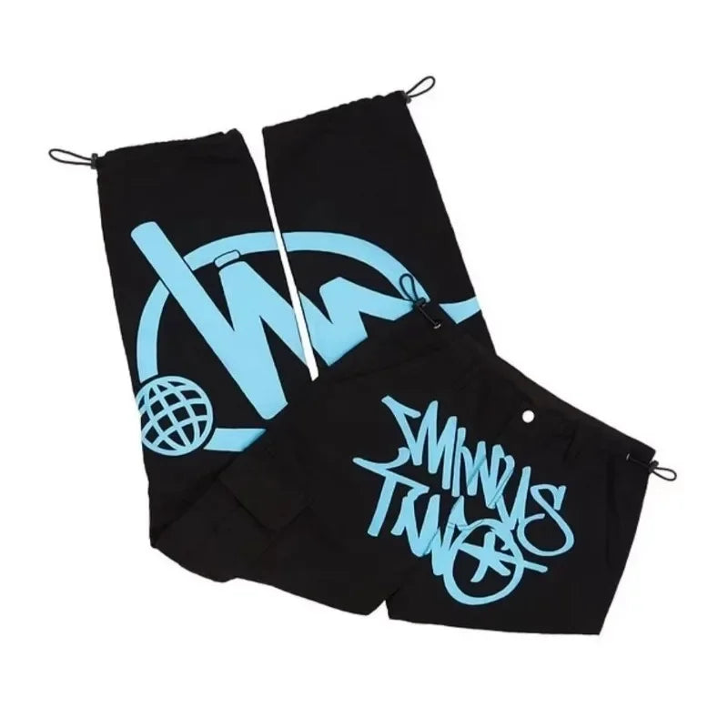 Black drawstring pocket print casual loose workwear trousers for men dance scene with light blue mind travel logo