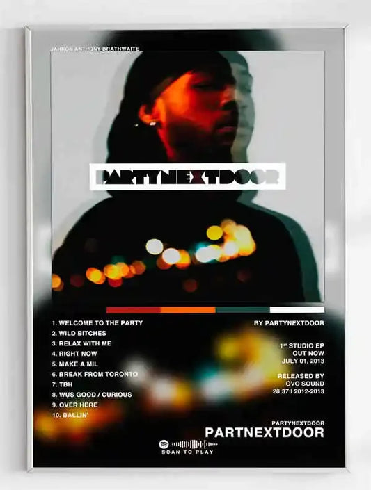 Silver-framed rapper partynextdoor canvas featuring black and white portrait with warm bokeh for retro music album room decor aesthetic