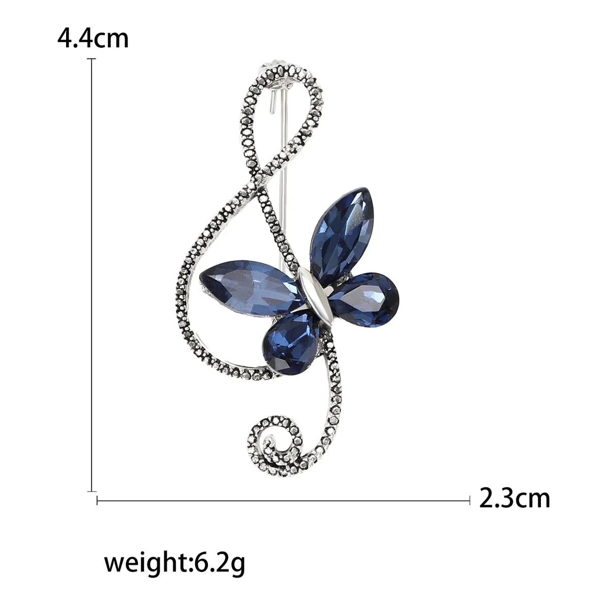 A sparkling silver rhinestone butterfly pin with deep blue gemstones and shiny glass musical note for event party backpack decoration