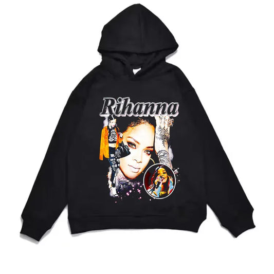 Black loose hoodie men featuring a colorful rihanna rap rated hard album print with stylized rihanna lettering