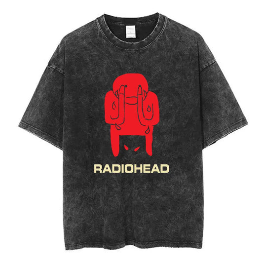 Black distressed cotton rock band hip-hop t-shirt with red stylized figure and yellow radiohead text music short sleeve fashion summer loose