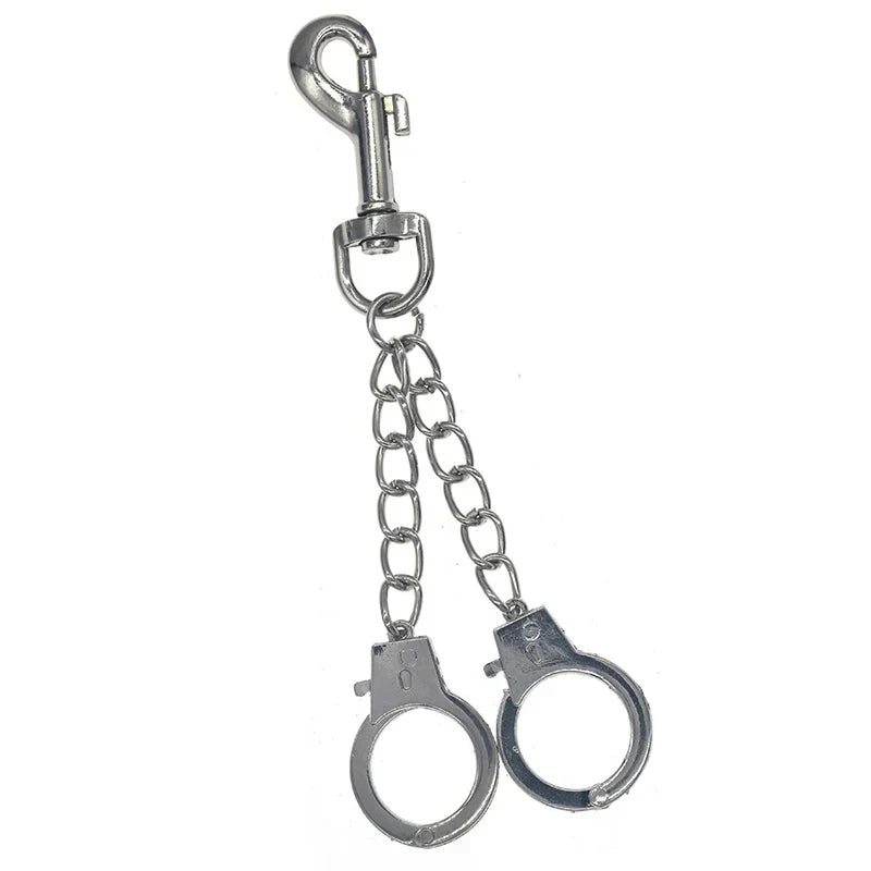 Silver metal keychain featuring chain silver handcuffs and swivel hook for rock hiphop punk wallet belt accessories